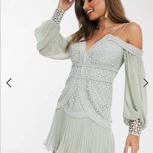 ASOS DESIGN lace mini dress with blouson sleeve and pleated hem in sage
